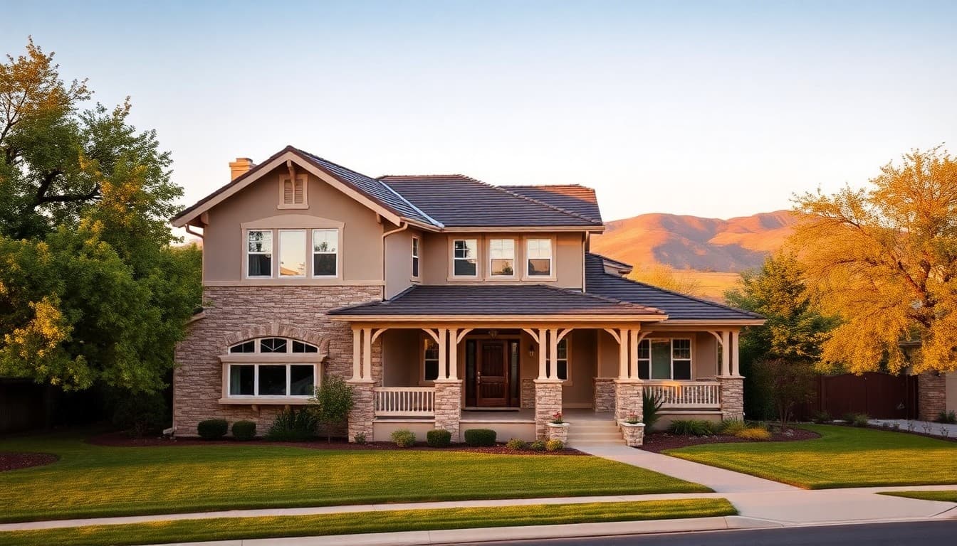 Elegant two-story Tri-Valley craftsman home in soft early-morning light, golden East Bay hills behind