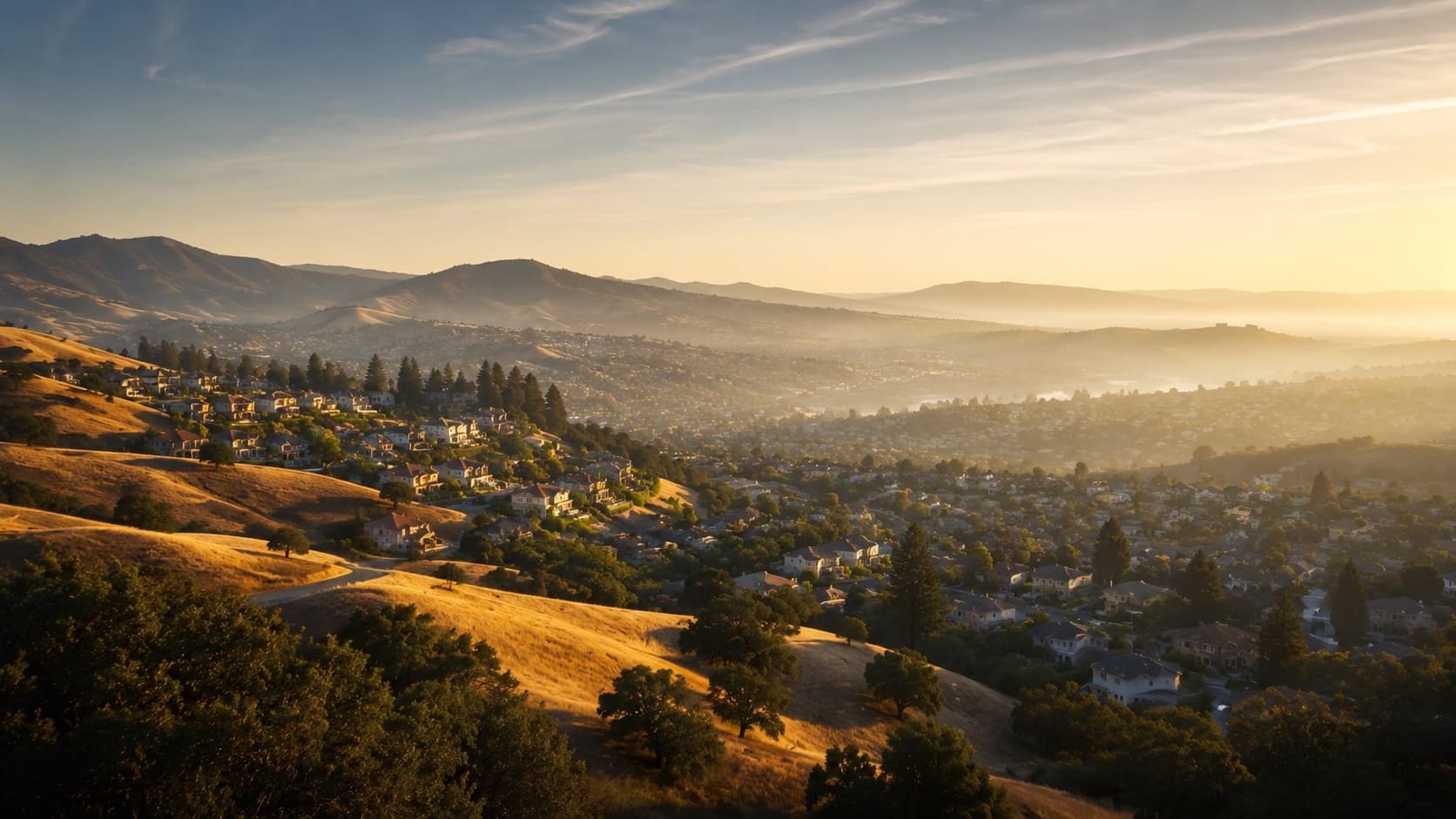 A California valley seen from a golden ridge at mid-morning, one half in full bright sunlight over rooftops and oaks, the other half still covered by a low white blanket of fog